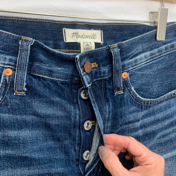 Madewell The Dad Jean Short Size 26 Cut Off Light Destressed Dark Blue Wash‎ - Picture 3 of 11